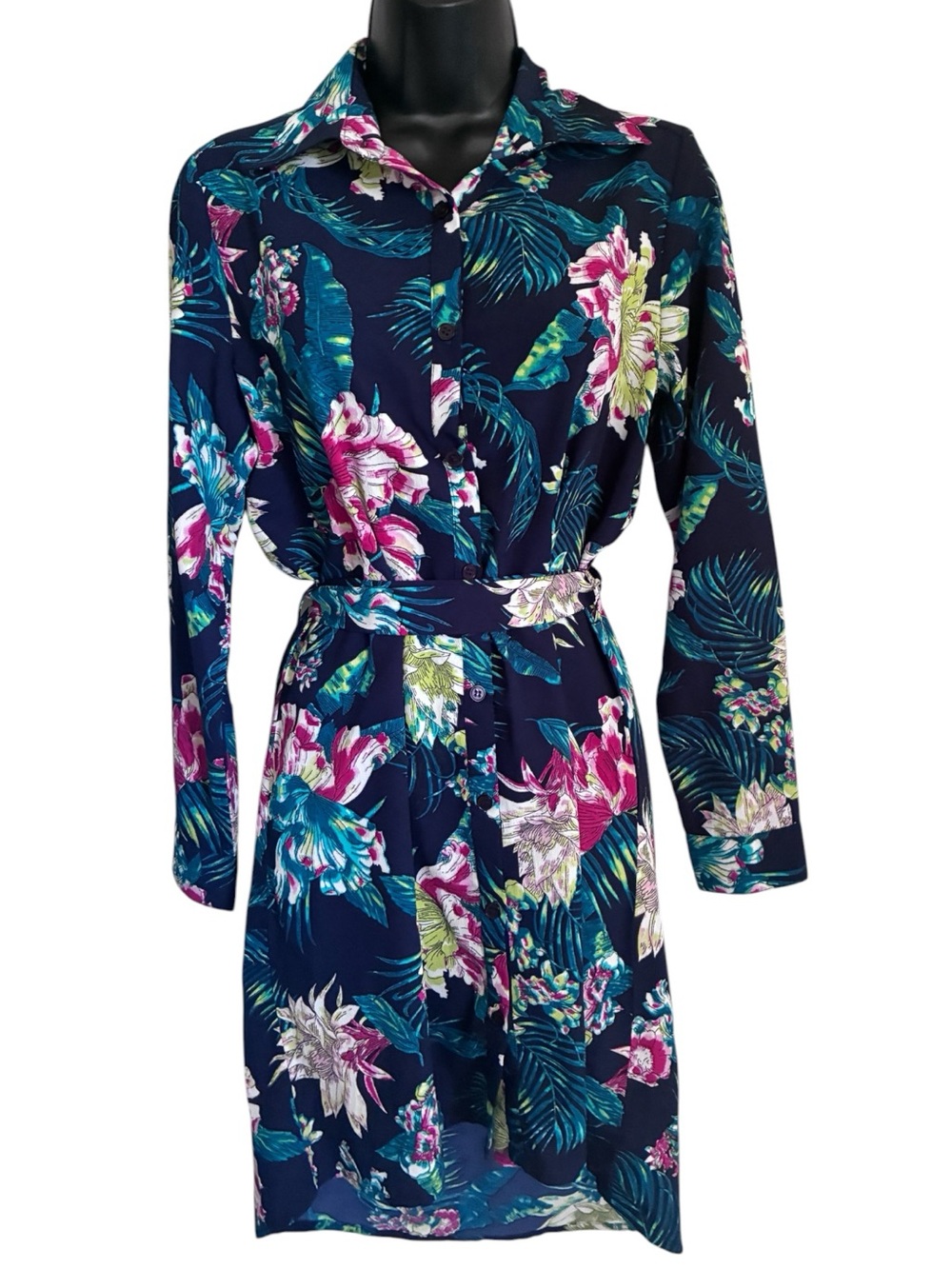 NWT Floral Tropical Hawaiian Boho Resortwear Navy Belted Shirt Dress Sz M